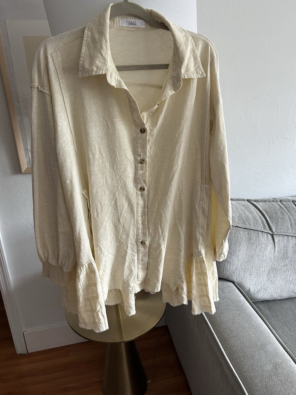 Anthropologie Tunic Shirt Beige Lagenlook Size L Oversized Boho